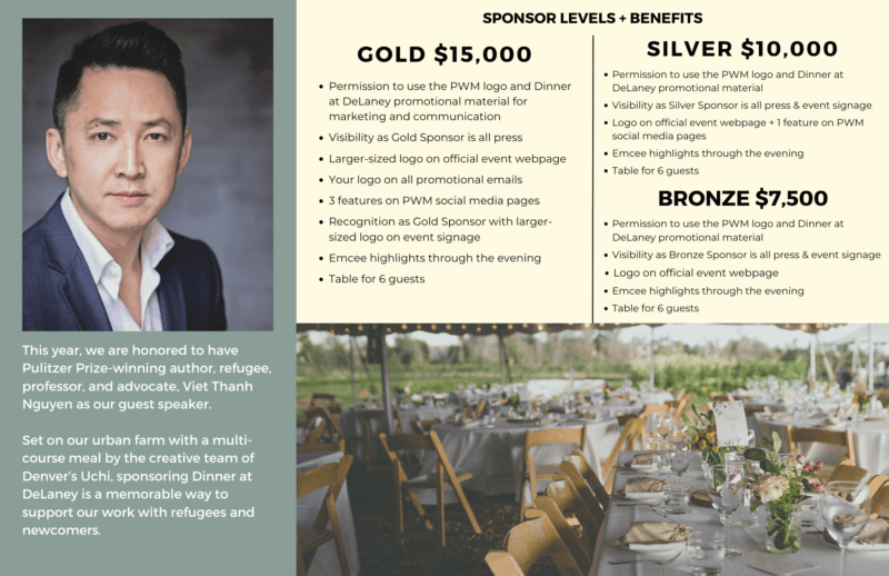 Headshot of Viet Thanh Ngyuen and an image of a table set for an event on a sage green background with text information about sponsorship levels and opportunities.